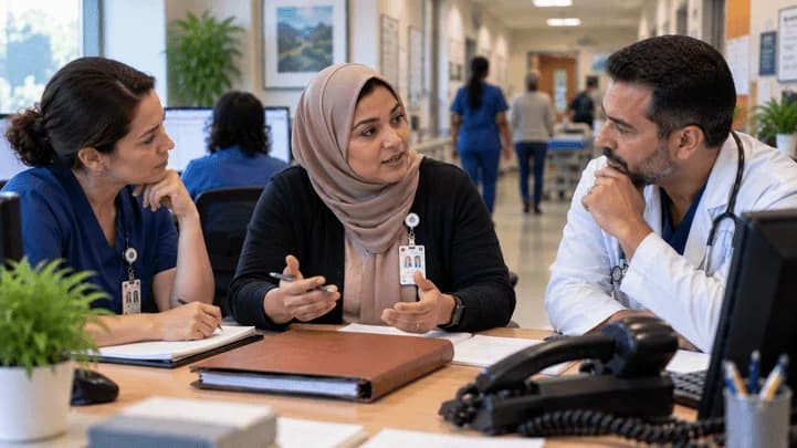 Denial-resolution specialist and clinician reviewing a claim together