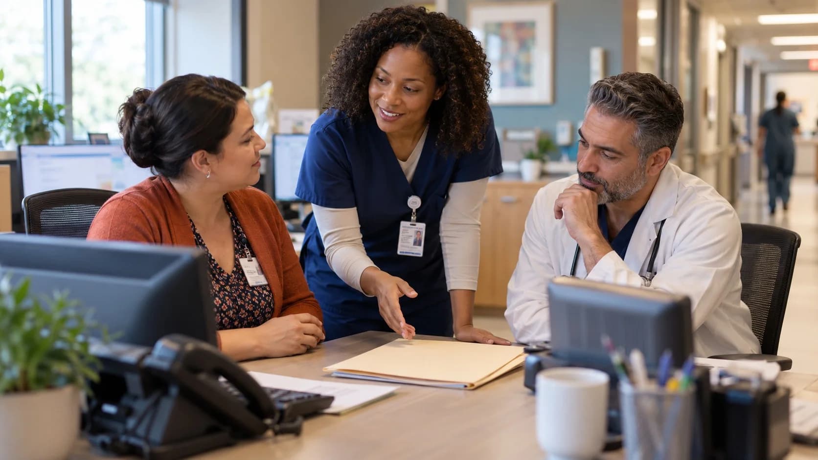 Patient-access coordinator and clinician resolving an authorization issue