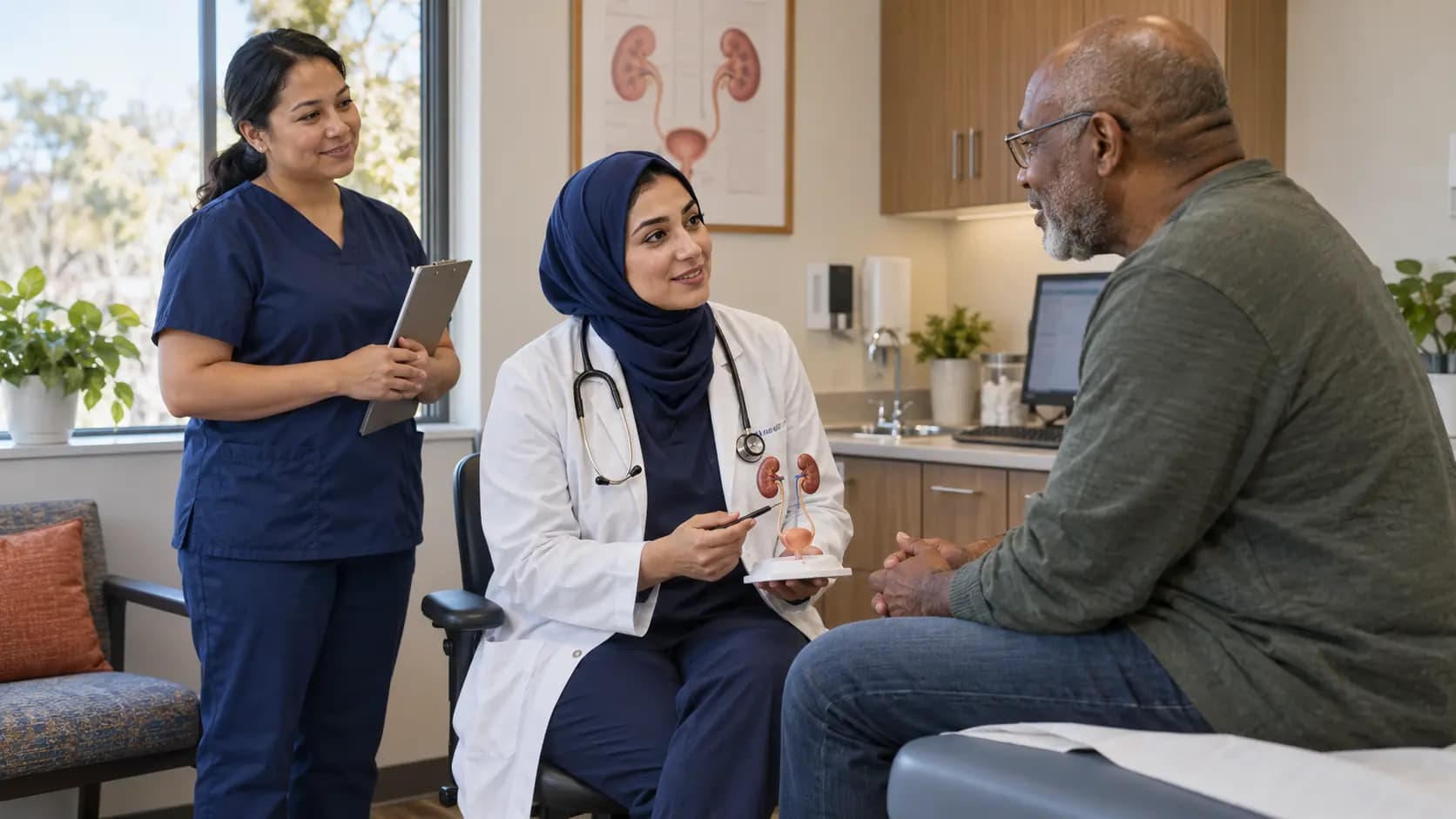 Urology clinician and patient sharing a warm, attentive moment in a clinic