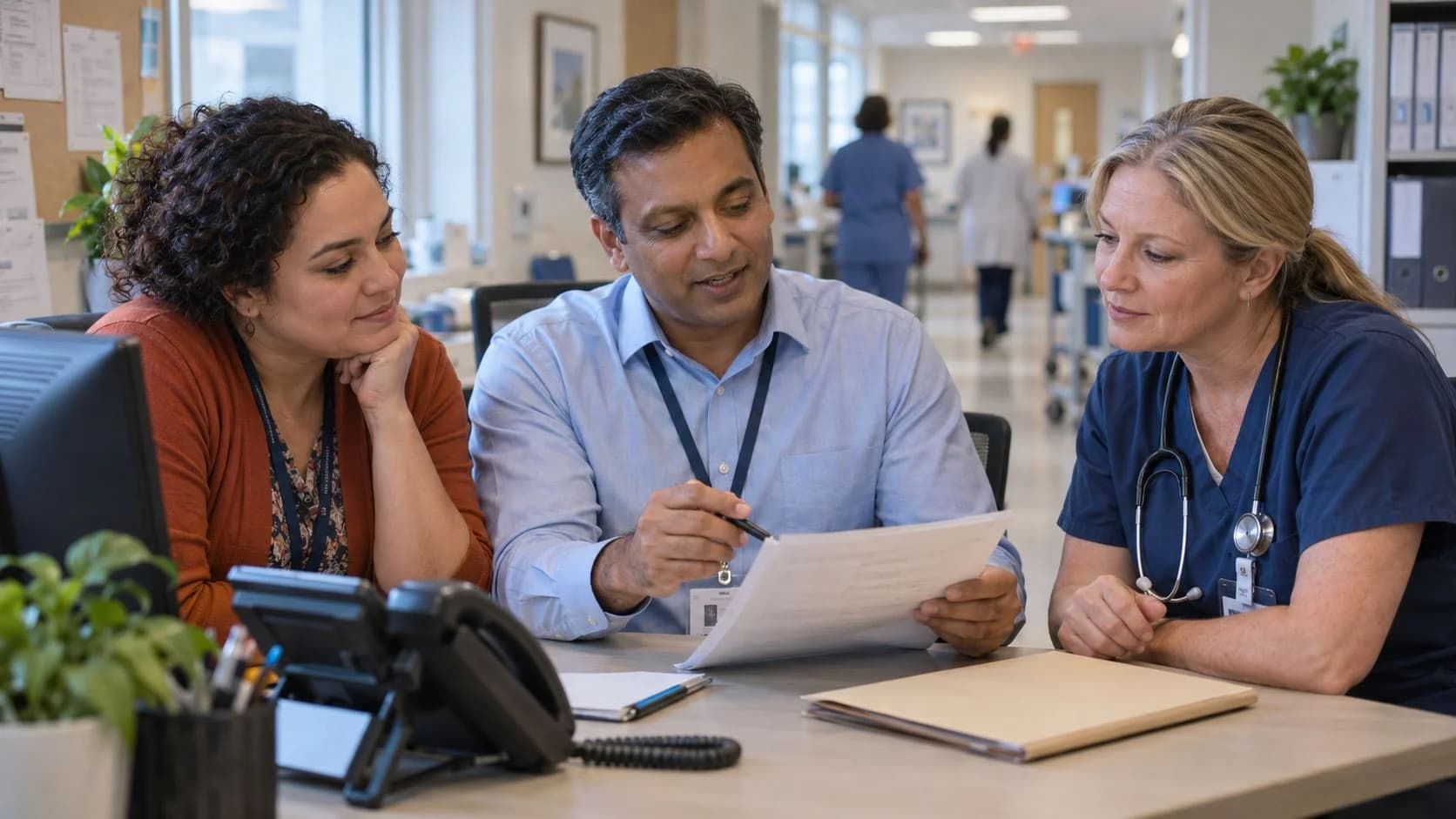 Denial-resolution specialist and clinician reviewing a claim together