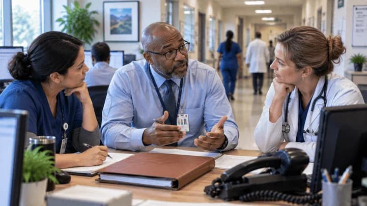 Denial-resolution specialist and clinician reviewing a claim together
