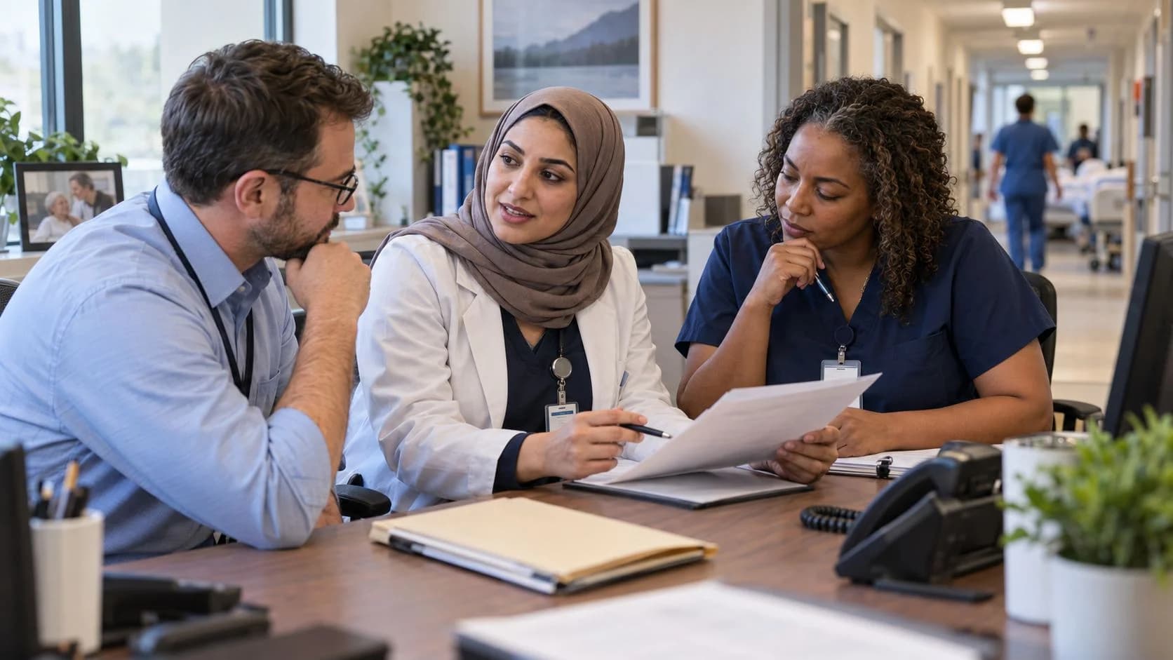 Physician advisor and utilization nurse reviewing documentation together