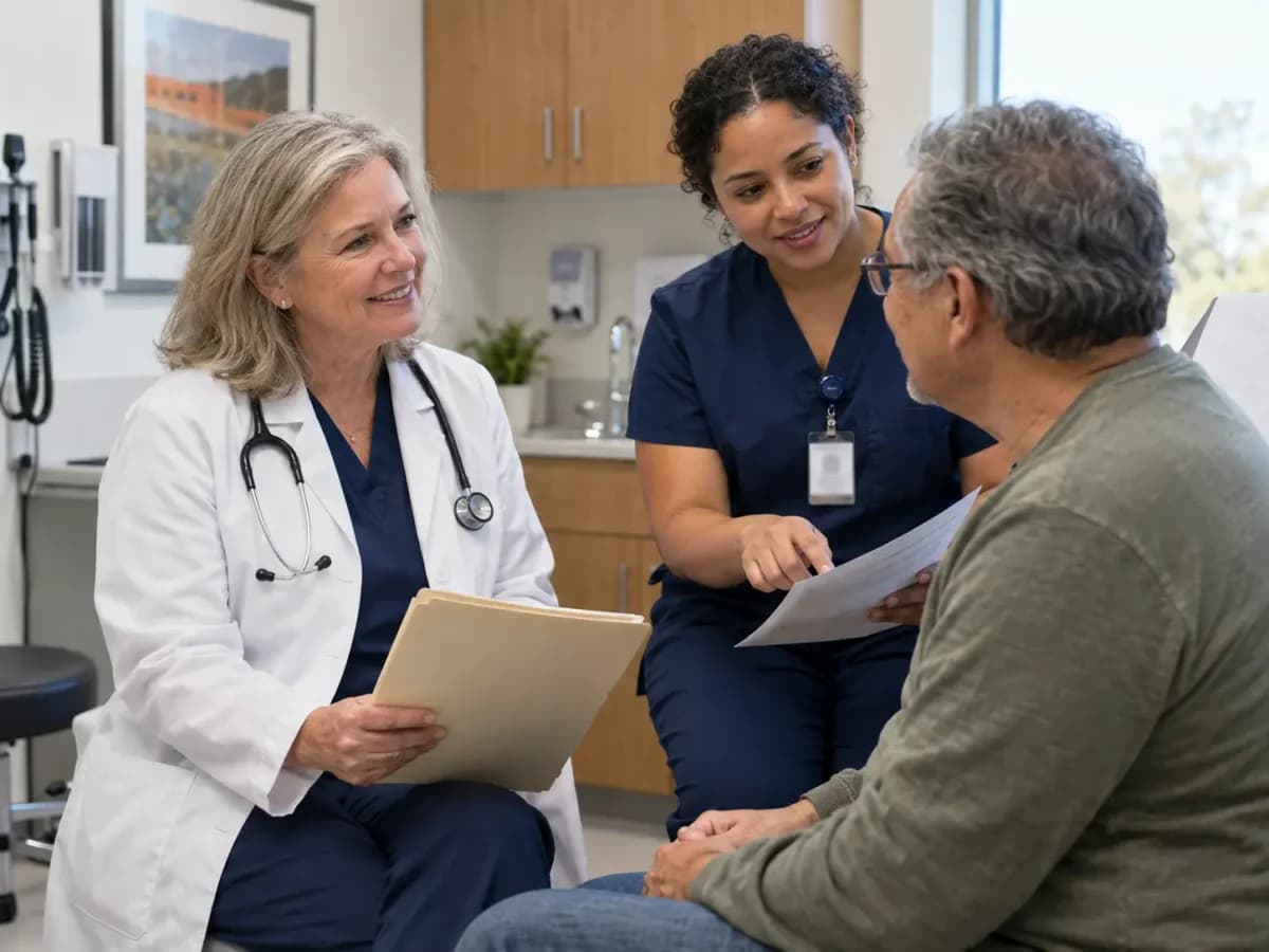 General Surgery clinician and patient sharing a warm, attentive moment in a clinic