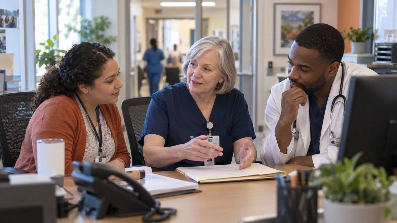 Patient-access coordinator and clinician resolving an authorization issue