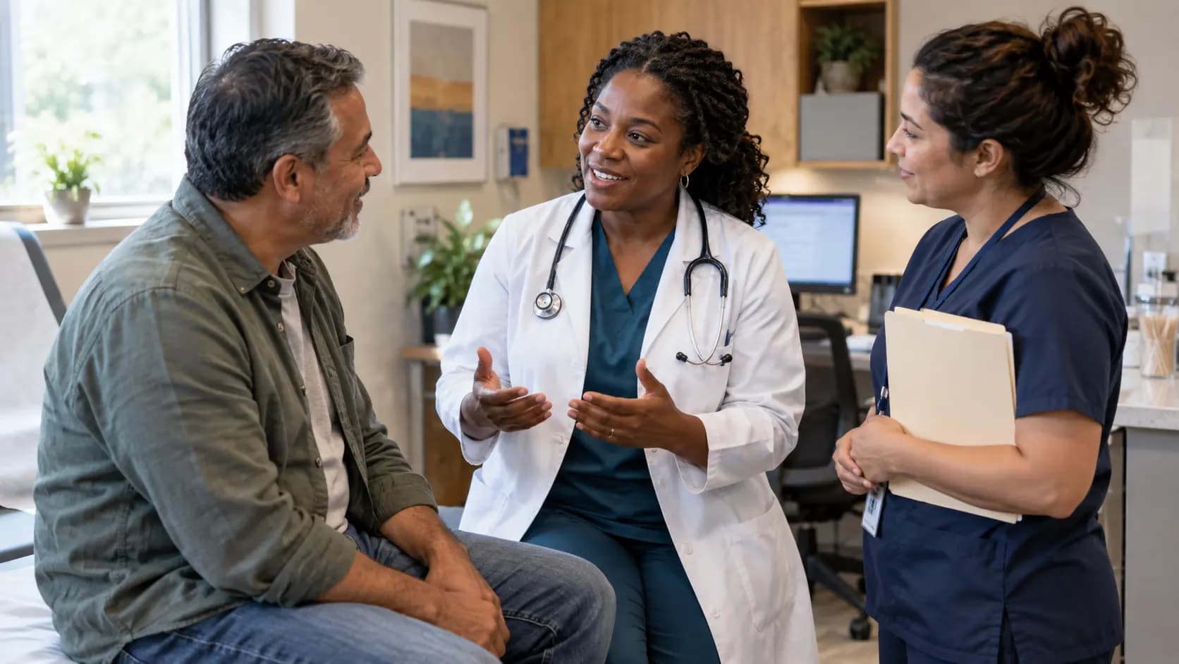 Clinician, patient, and healthcare colleague sharing a warm clinic interaction Clinician, patient, and healthcare colleague sharing a warm clinic interaction