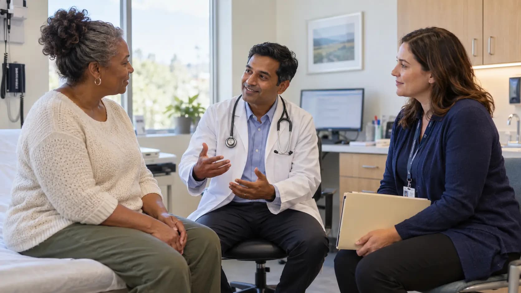Clinician, patient, and healthcare colleague sharing a warm clinic interaction Clinician, patient, and healthcare colleague sharing a warm clinic interaction