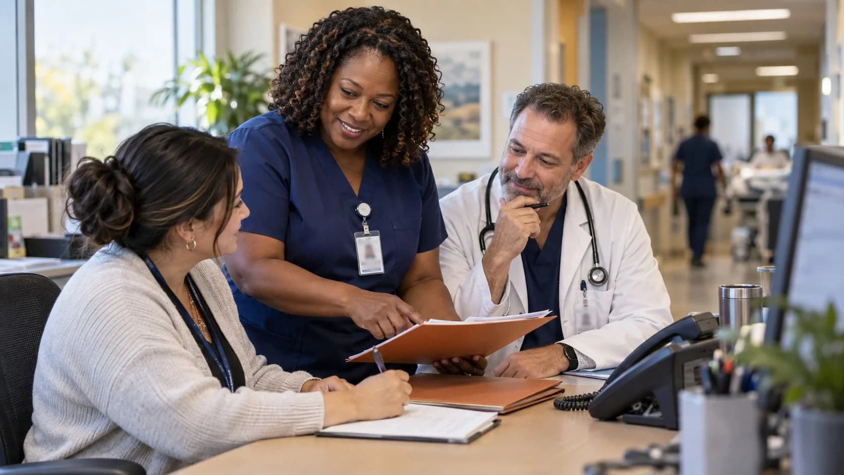 Patient-access coordinator and clinician resolving an authorization issue