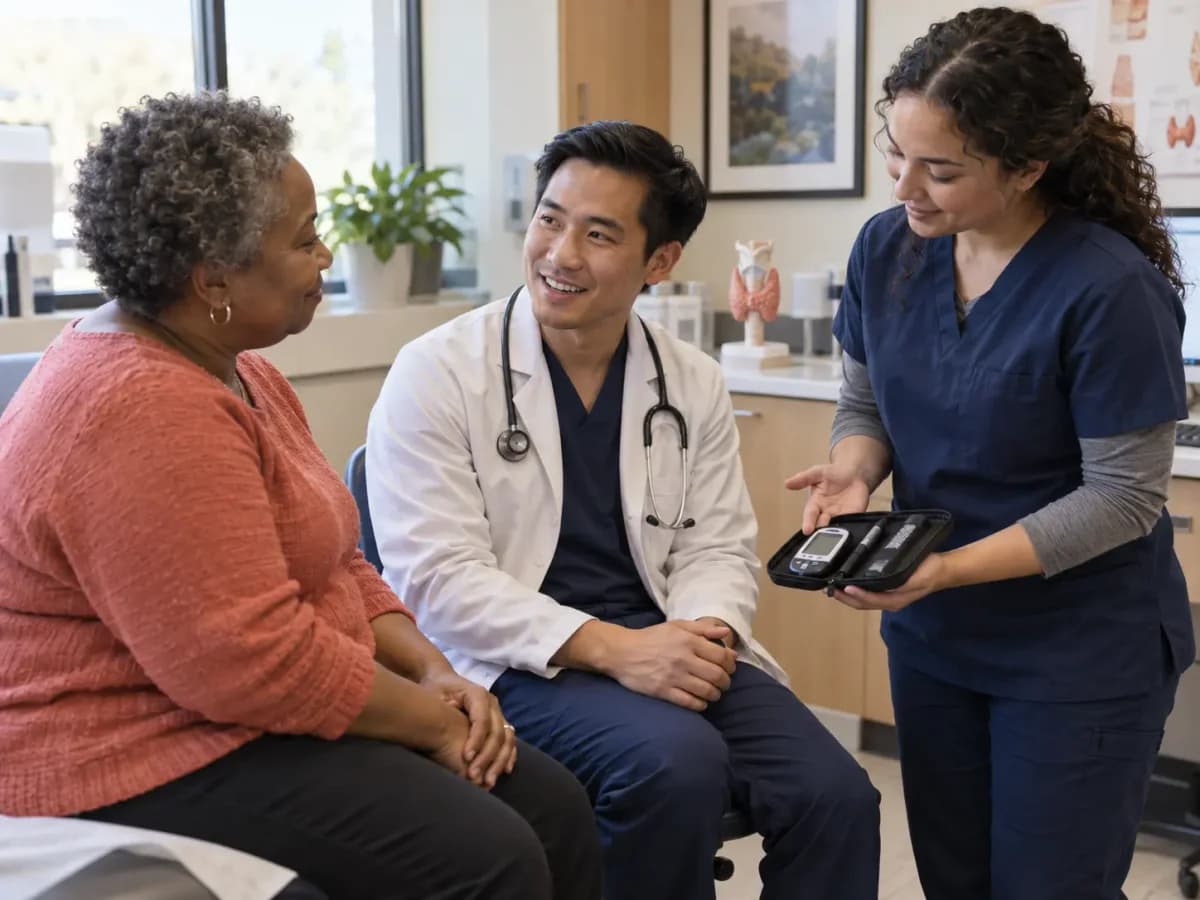 Endocrinology clinician and patient sharing a warm, attentive moment in a clinic