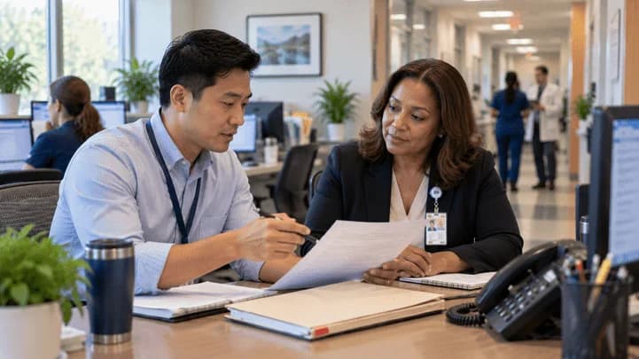 Reimbursement analyst and revenue manager reviewing a payment variance