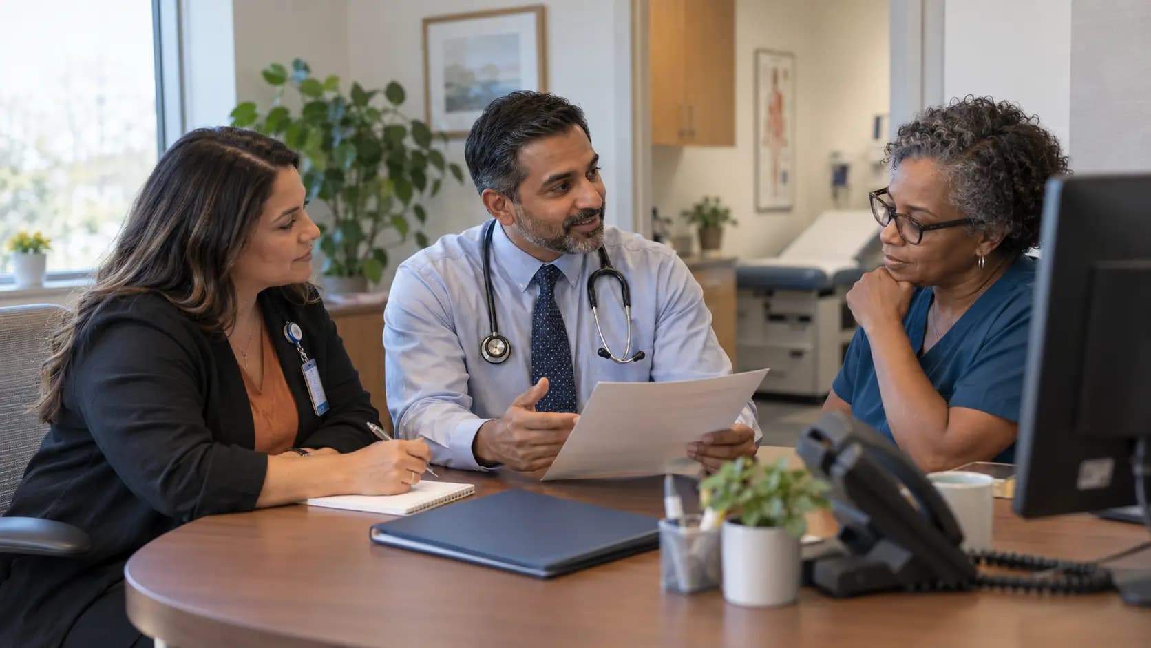Practice manager and clinician reviewing payer requirements with a specialist