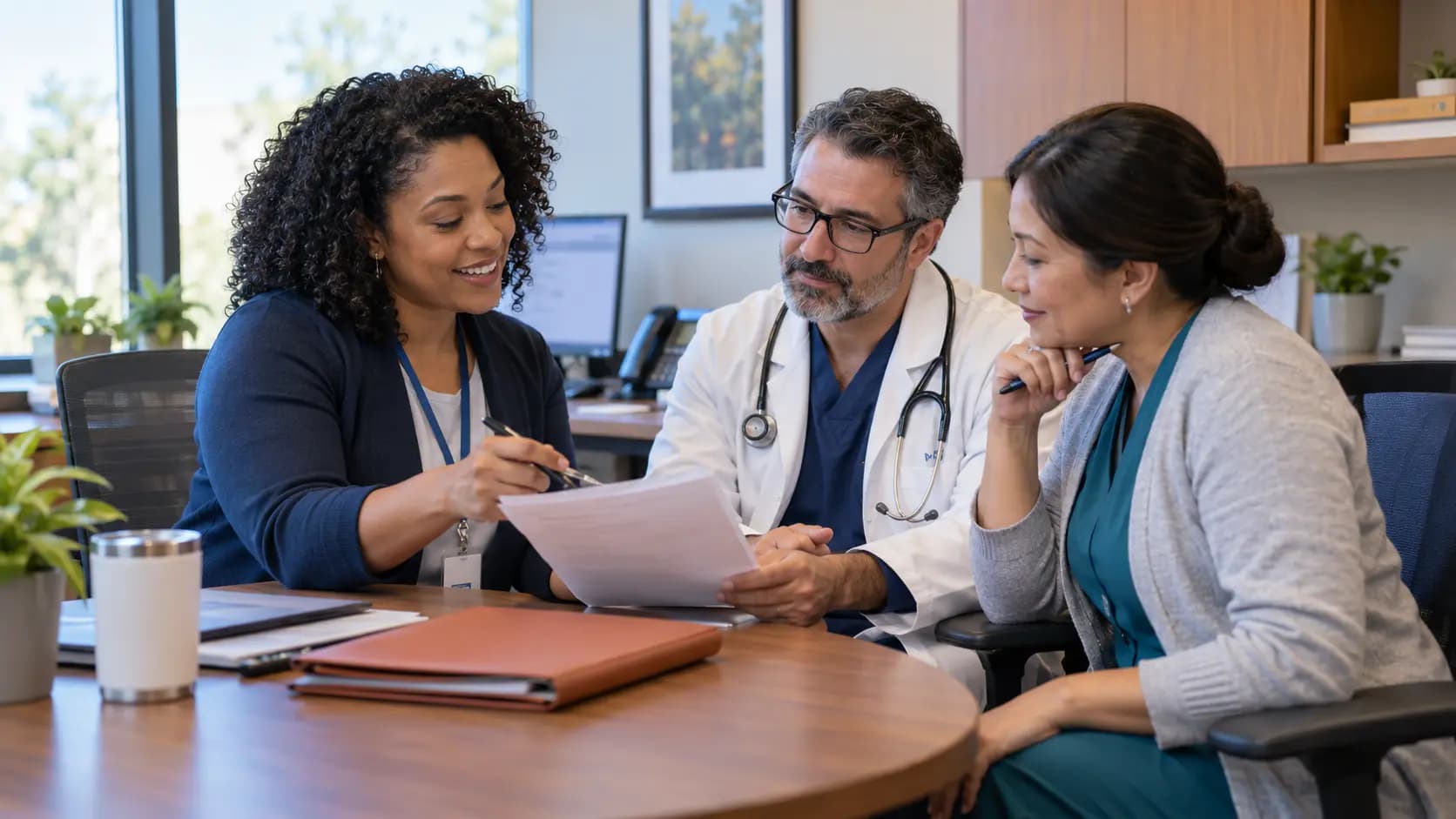 Practice manager and clinician reviewing payer requirements with a specialist