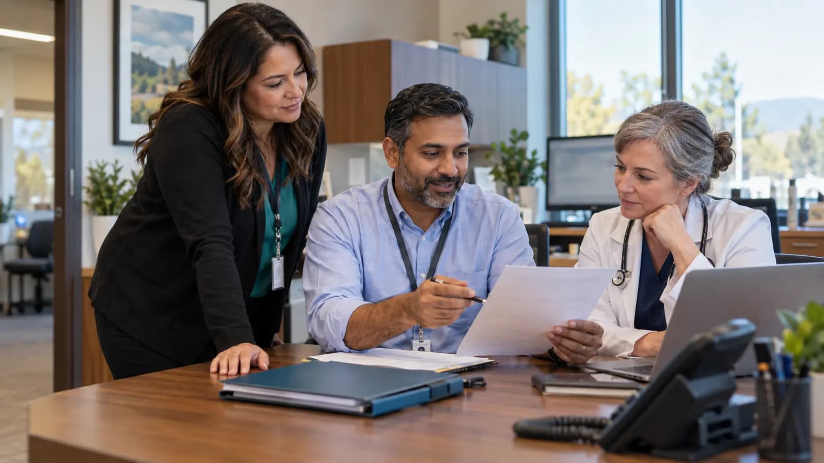 Practice manager and clinician reviewing payer requirements with a specialist