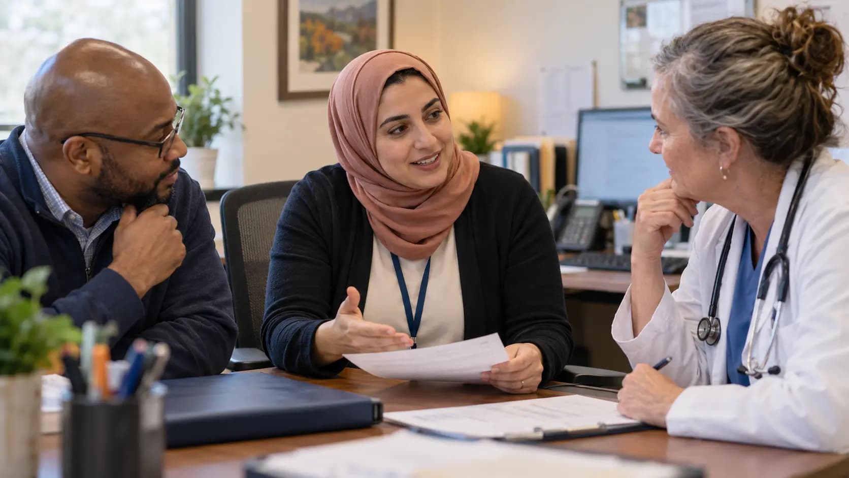 Practice manager and clinician reviewing payer requirements with a specialist