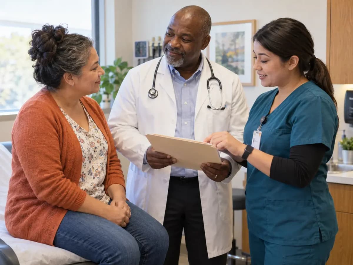 Family Medicine clinician and patient sharing a warm, attentive moment in a clinic