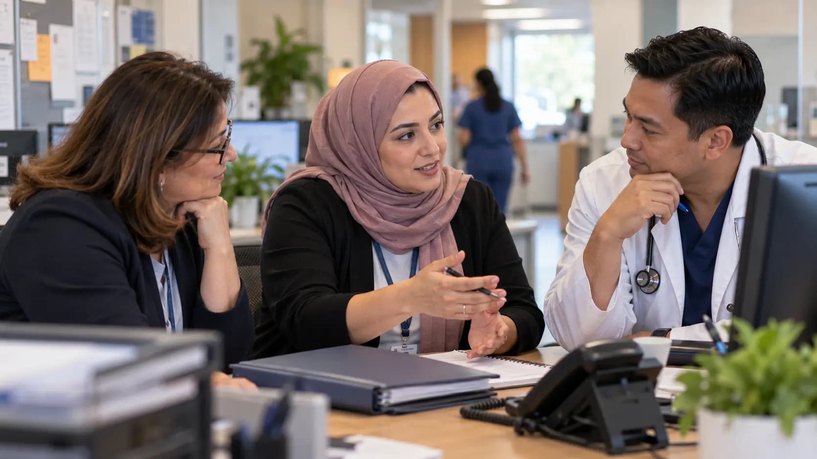 Practice manager and clinician reviewing payer requirements with a specialist