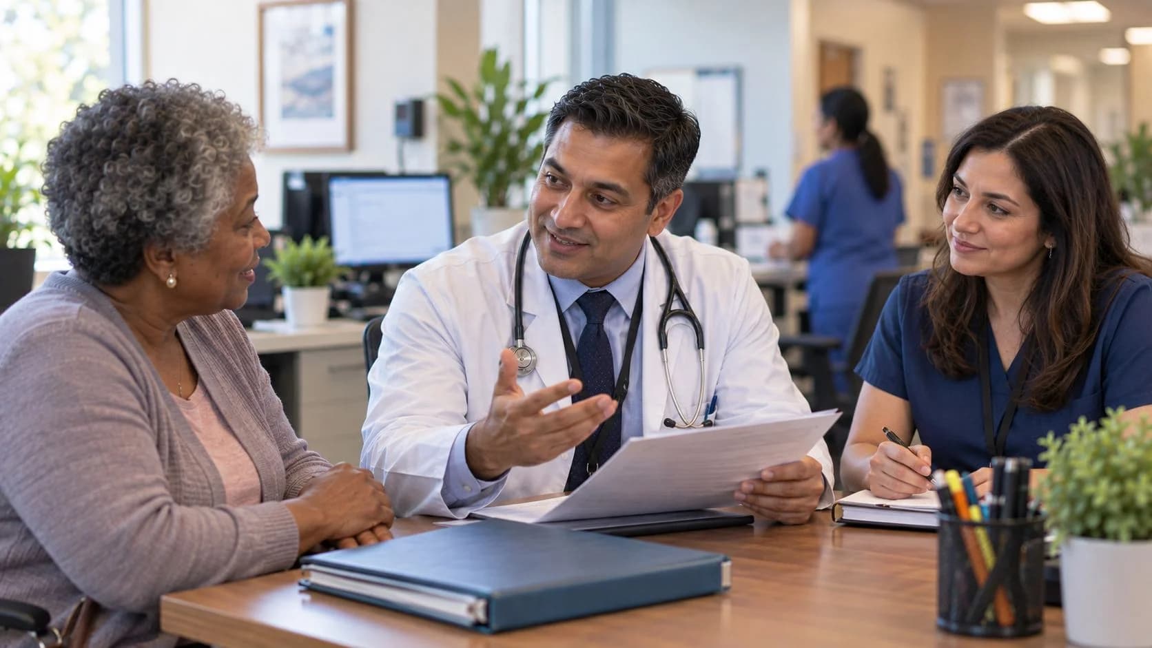 Clinician and patient speaking while a documentation colleague assists