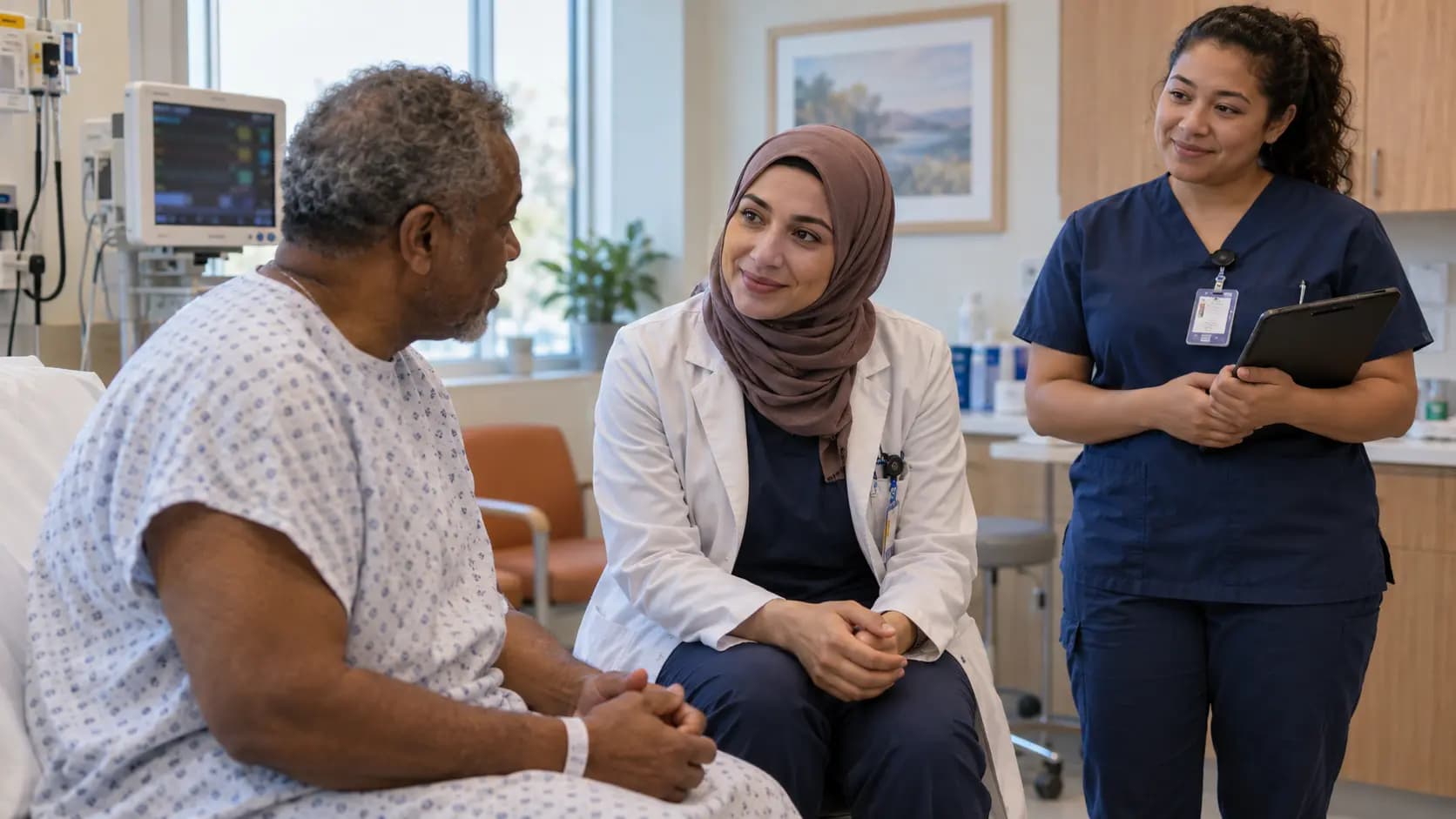 Anesthesiology clinician and patient sharing a warm, attentive moment in a clinic