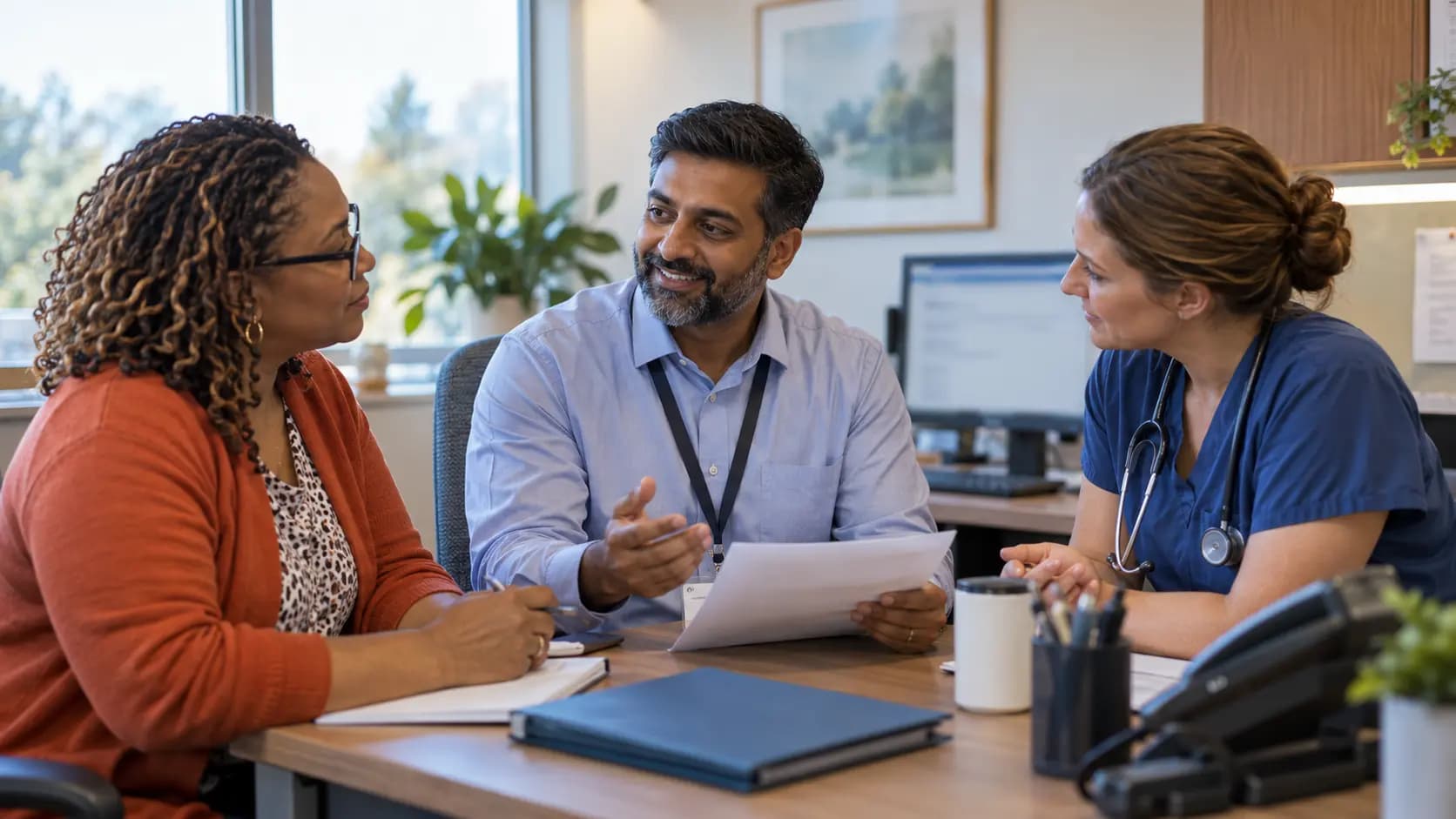 Practice manager and clinician reviewing payer requirements with a specialist