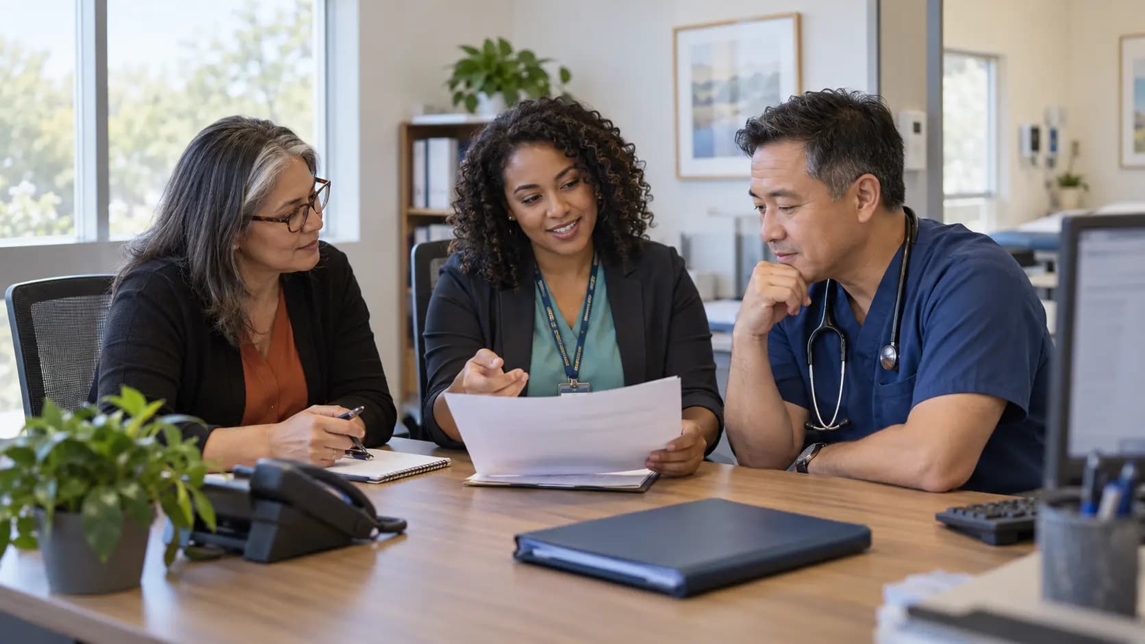 Practice manager and clinician reviewing payer requirements with a specialist