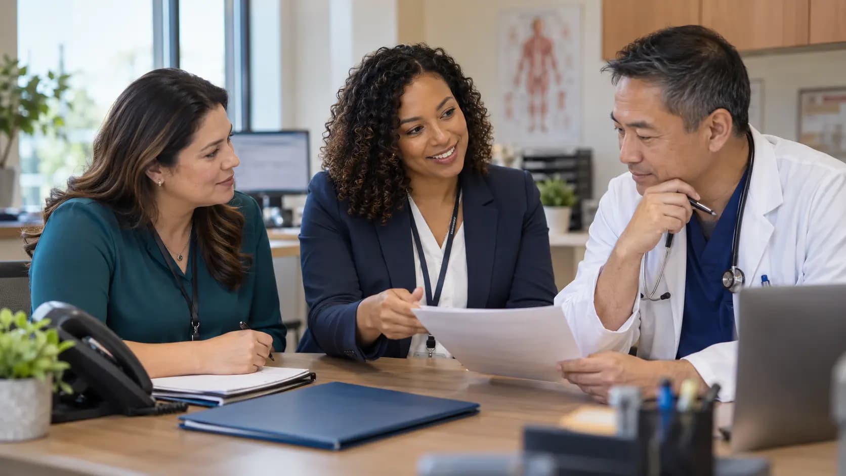 Practice manager and clinician reviewing payer requirements with a specialist
