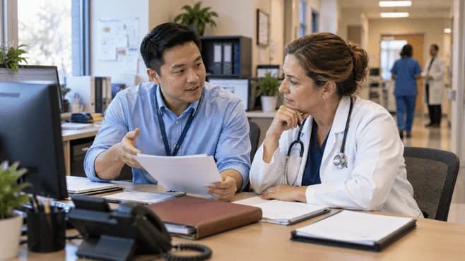 Medical coder and clinician resolving a claim detail together