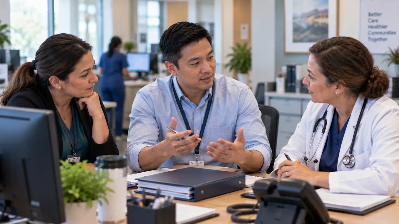 Practice manager and clinician reviewing payer requirements with a specialist
