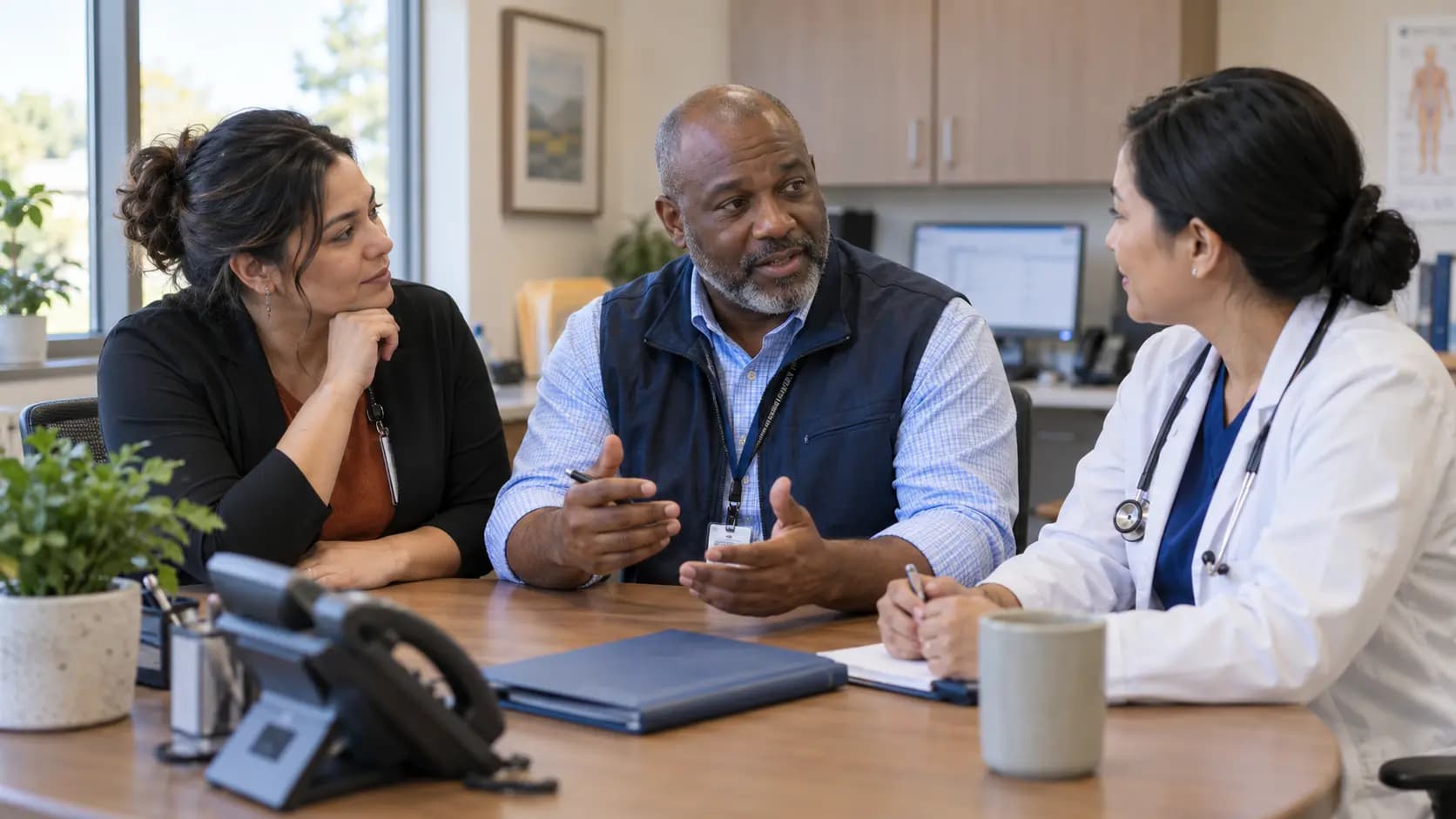 Practice manager and clinician reviewing payer requirements with a specialist