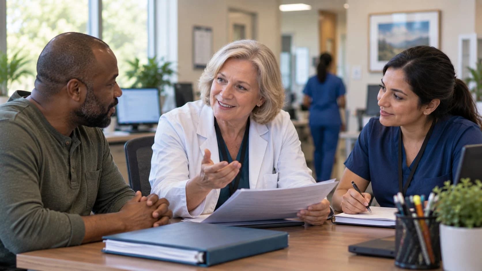 Clinician and patient speaking while a documentation colleague assists