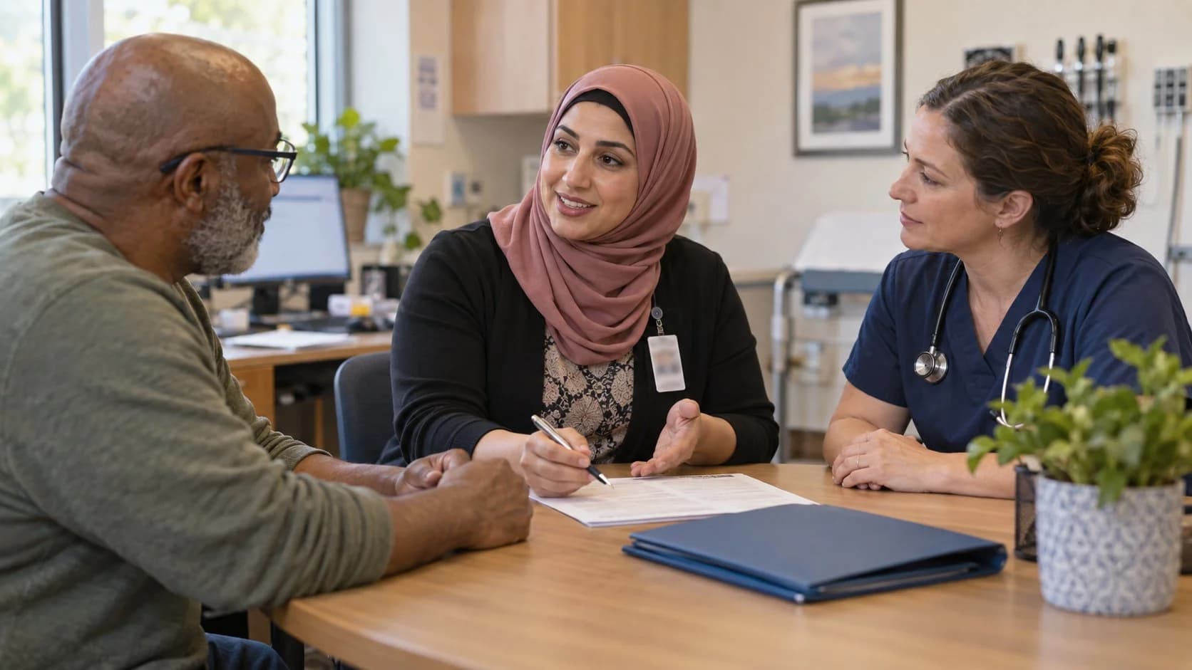 Benefits coordinator helping a clinician and patient understand coverage