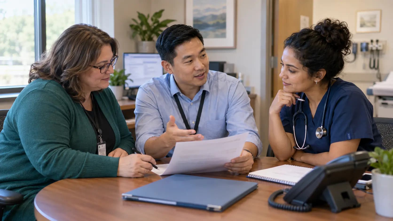 Practice manager and clinician reviewing payer requirements with a specialist