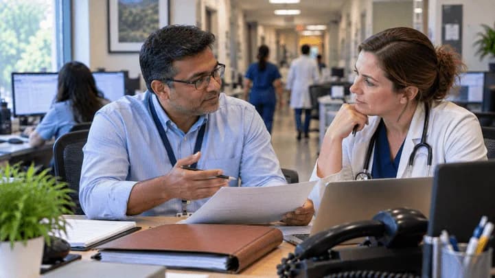 Medical coder and clinician resolving a claim detail together