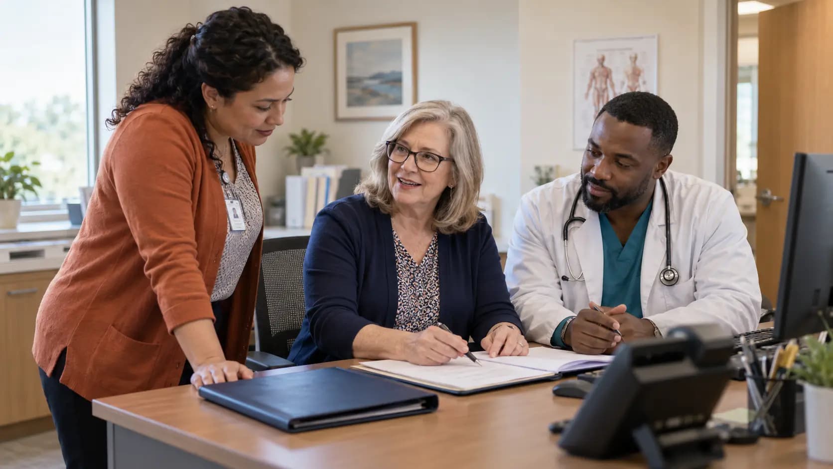 Practice manager and clinician reviewing payer requirements with a specialist