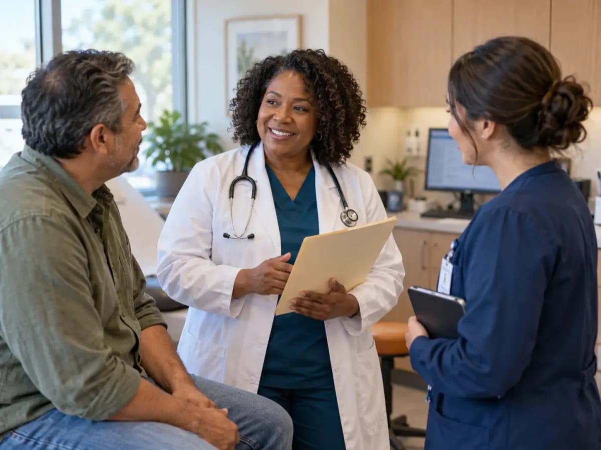 Clinician, patient, and healthcare colleague sharing a warm clinic interaction
