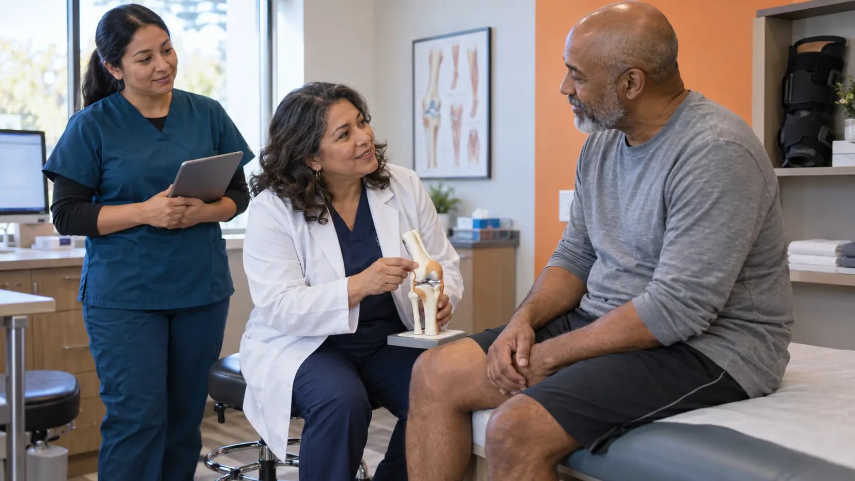 Orthopedics clinician and patient sharing a warm, attentive moment in a clinic
