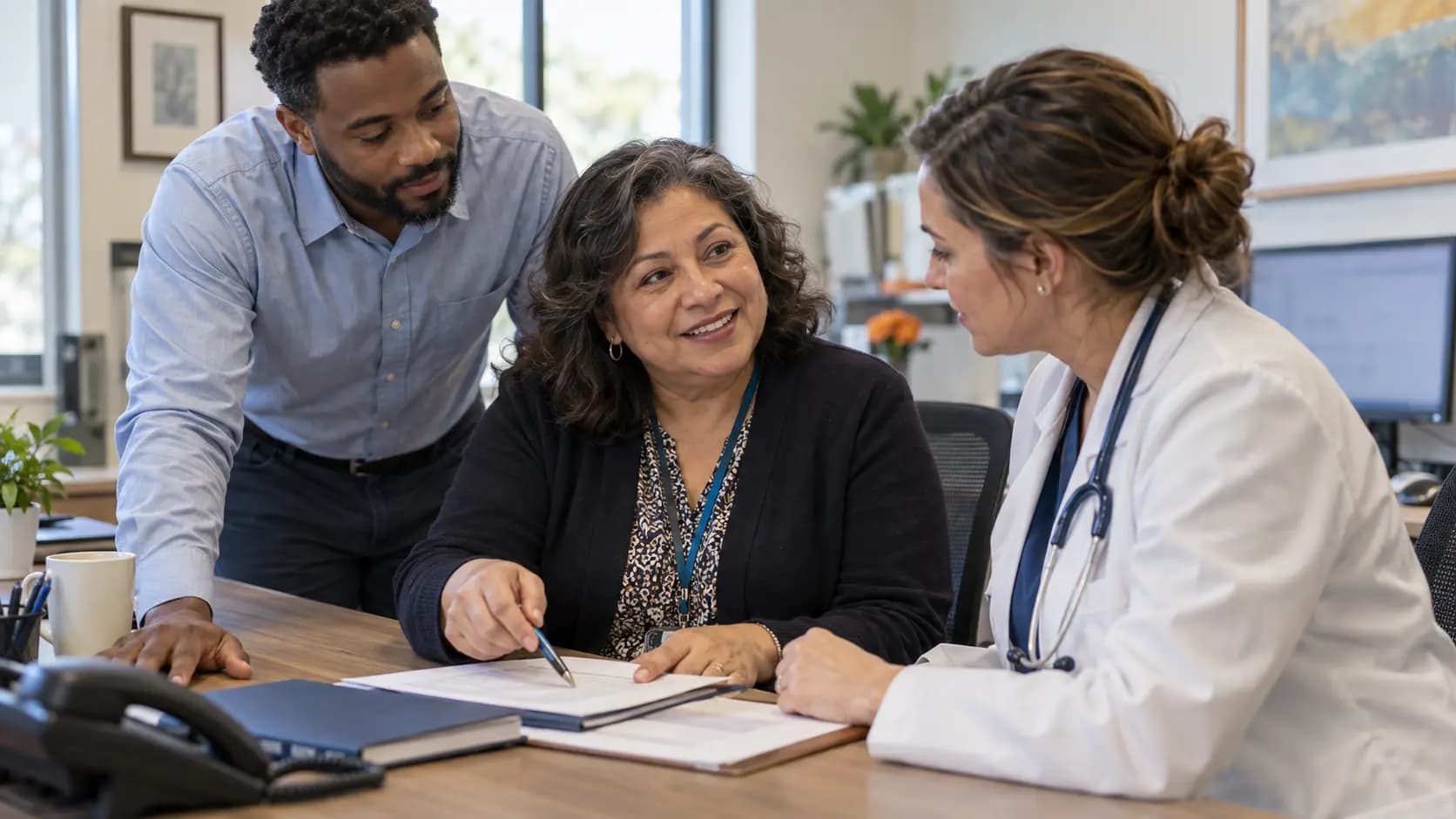 Practice manager and clinician reviewing payer requirements with a specialist