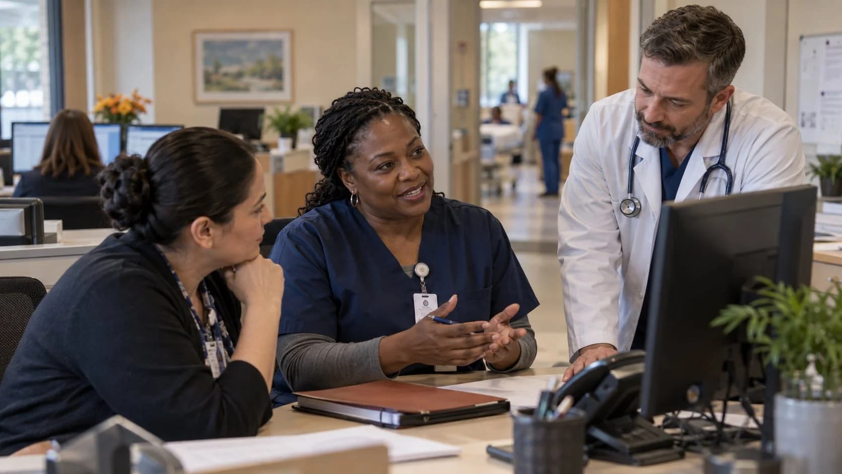 Patient-access coordinator and clinician resolving an authorization issue