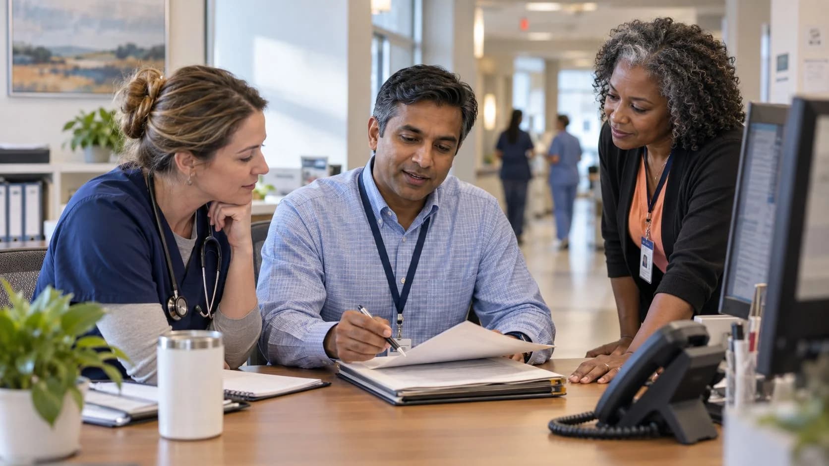 Denial-resolution specialist and clinician reviewing a claim together