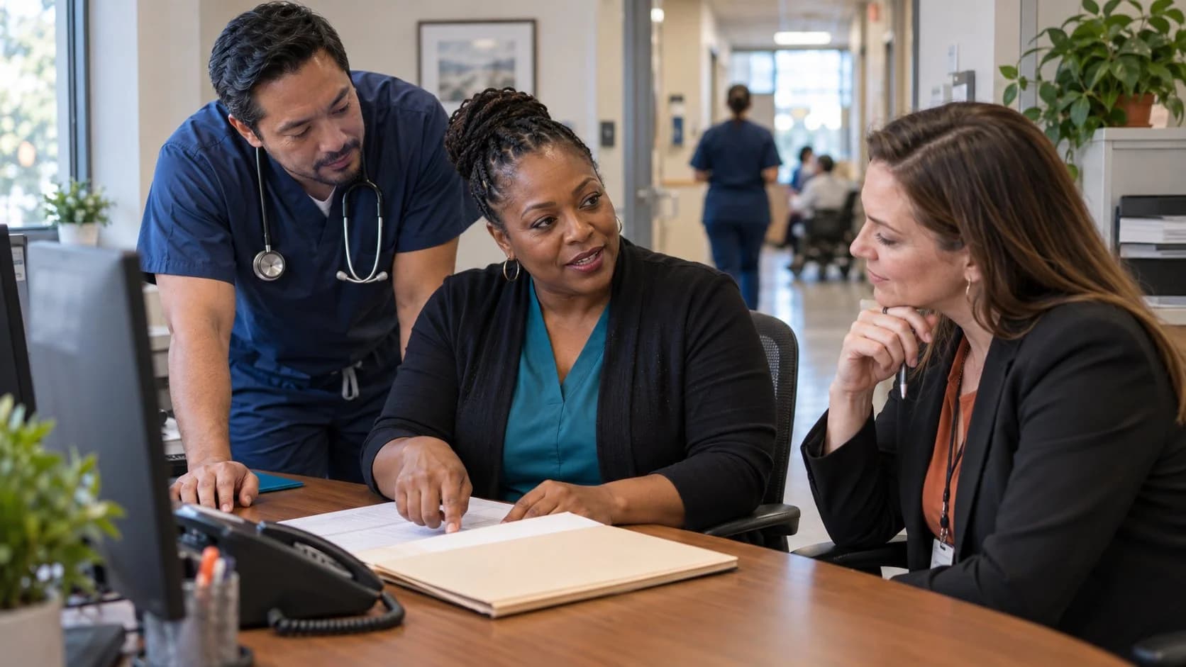 Denial-resolution specialist and clinician reviewing a claim together