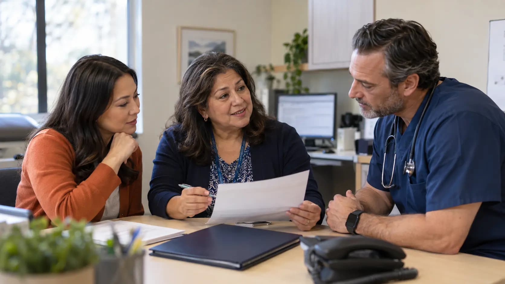 Practice manager and clinician reviewing payer requirements with a specialist