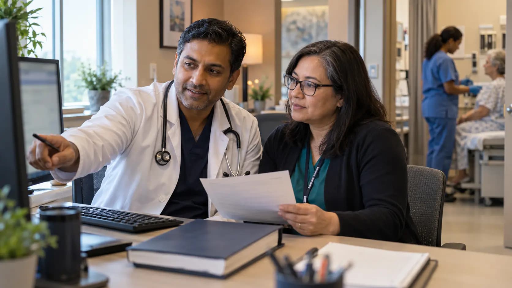 Medical coder and clinician resolving documentation together