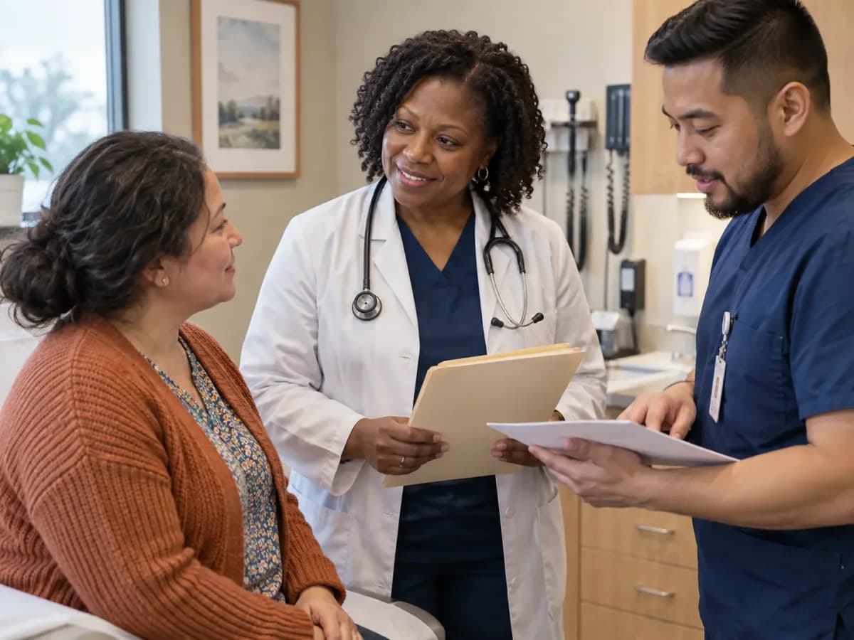 Other clinician and patient sharing a warm, attentive moment in a clinic