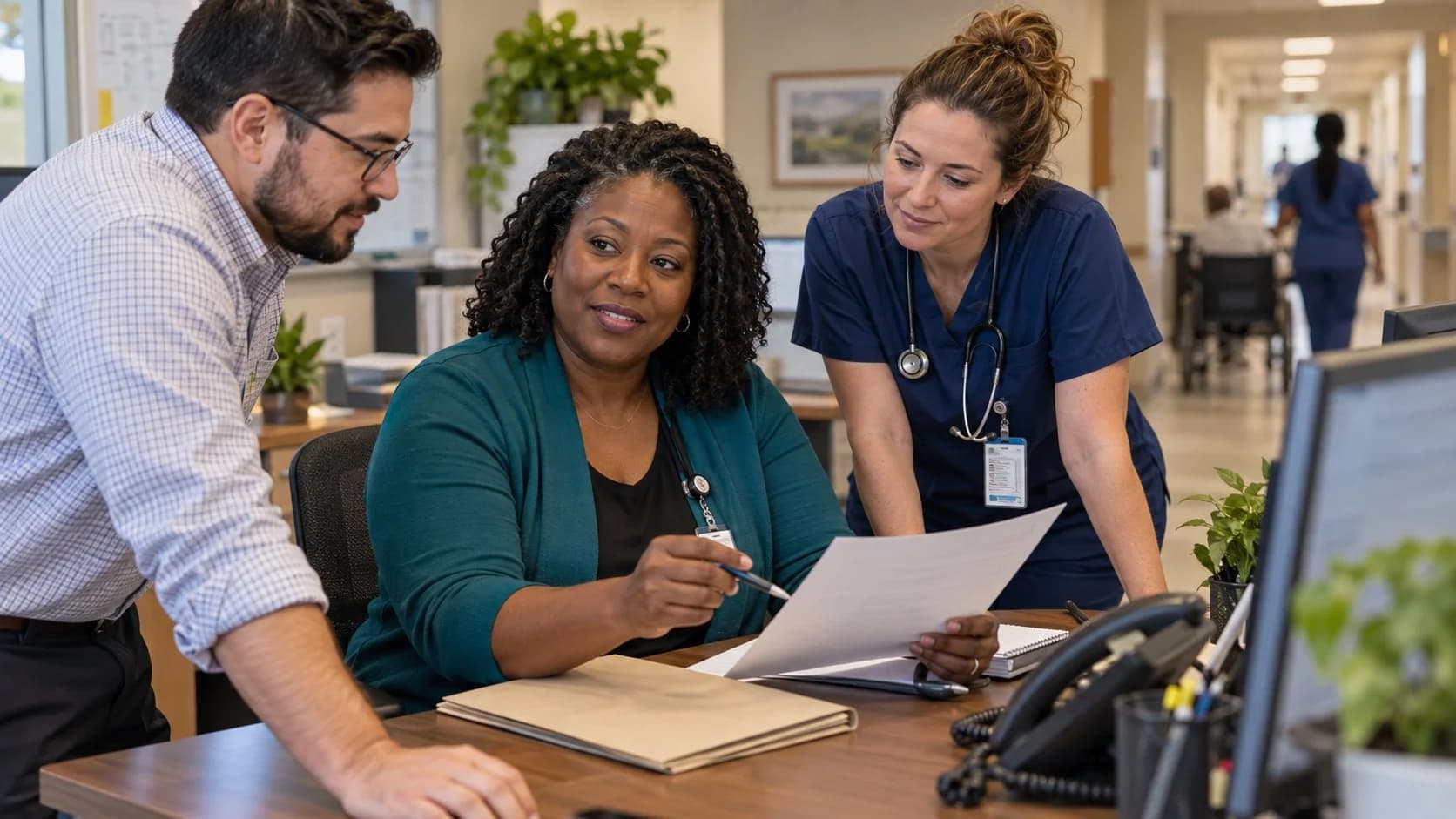 Denial-resolution specialist and clinician reviewing a claim together