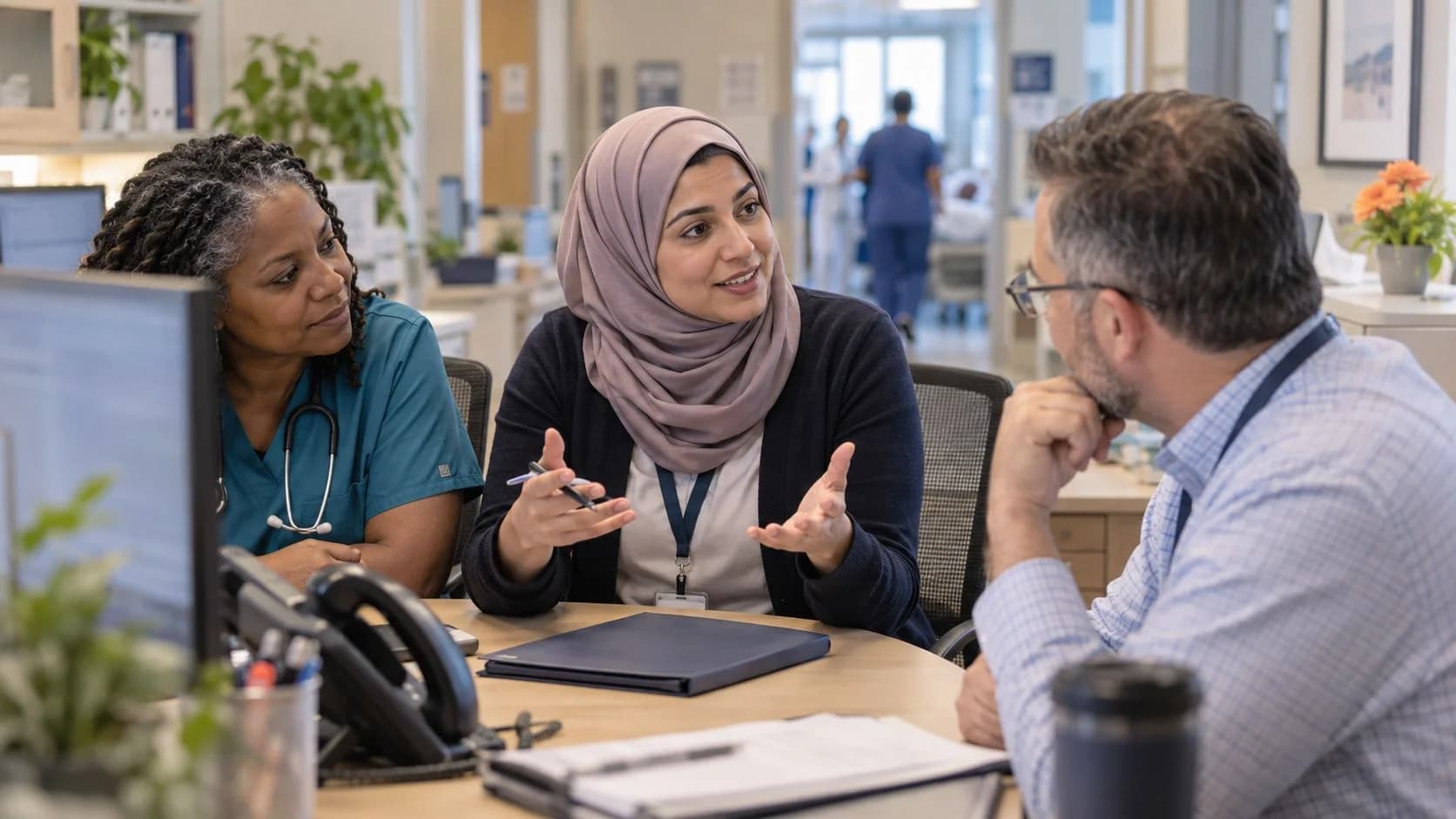 Denial-resolution specialist and clinician reviewing a claim together
