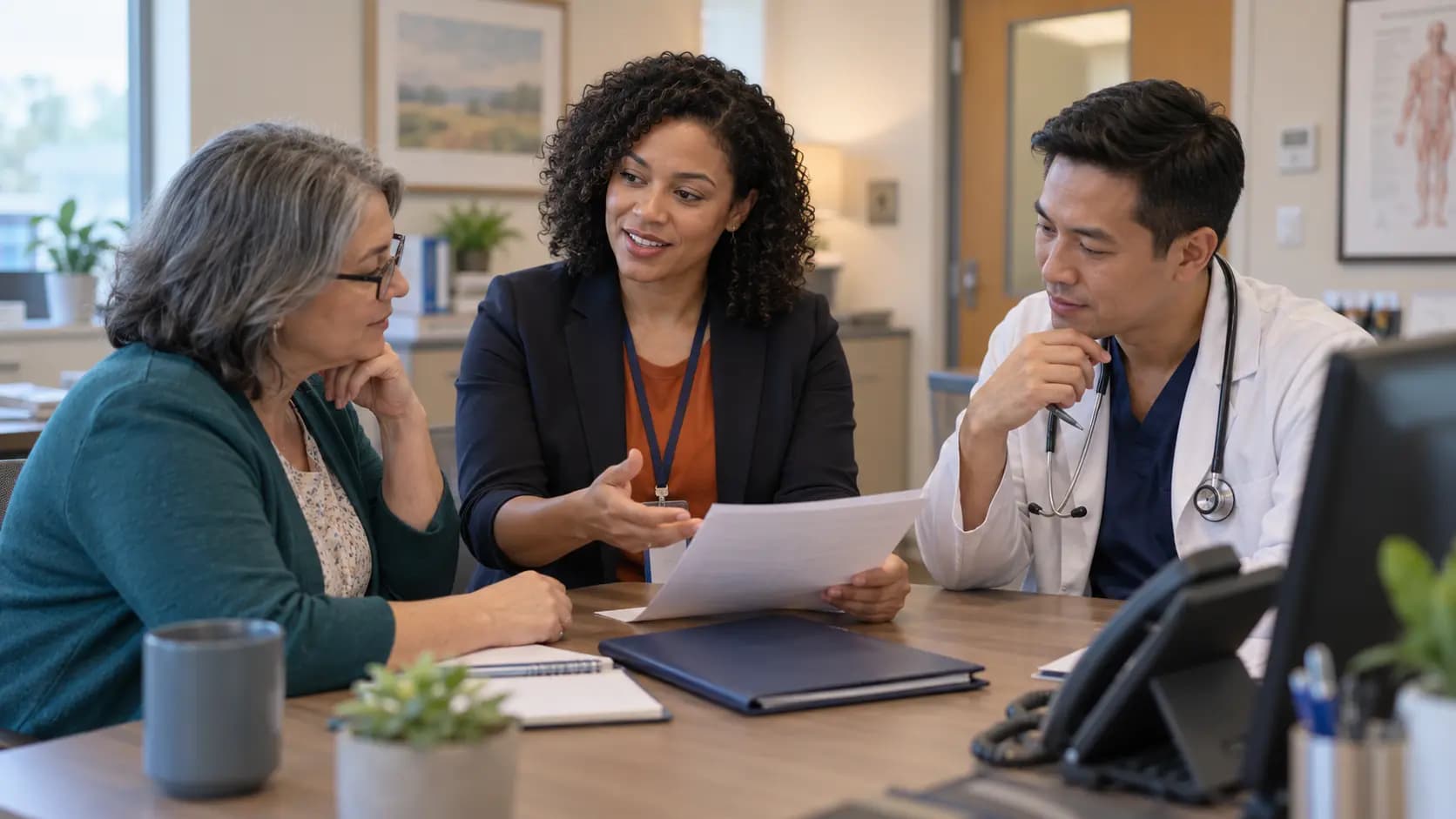 Practice manager and clinician reviewing payer requirements with a specialist