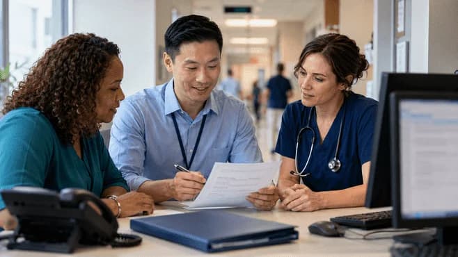 Patient-access coordinator and clinician resolving an authorization issue