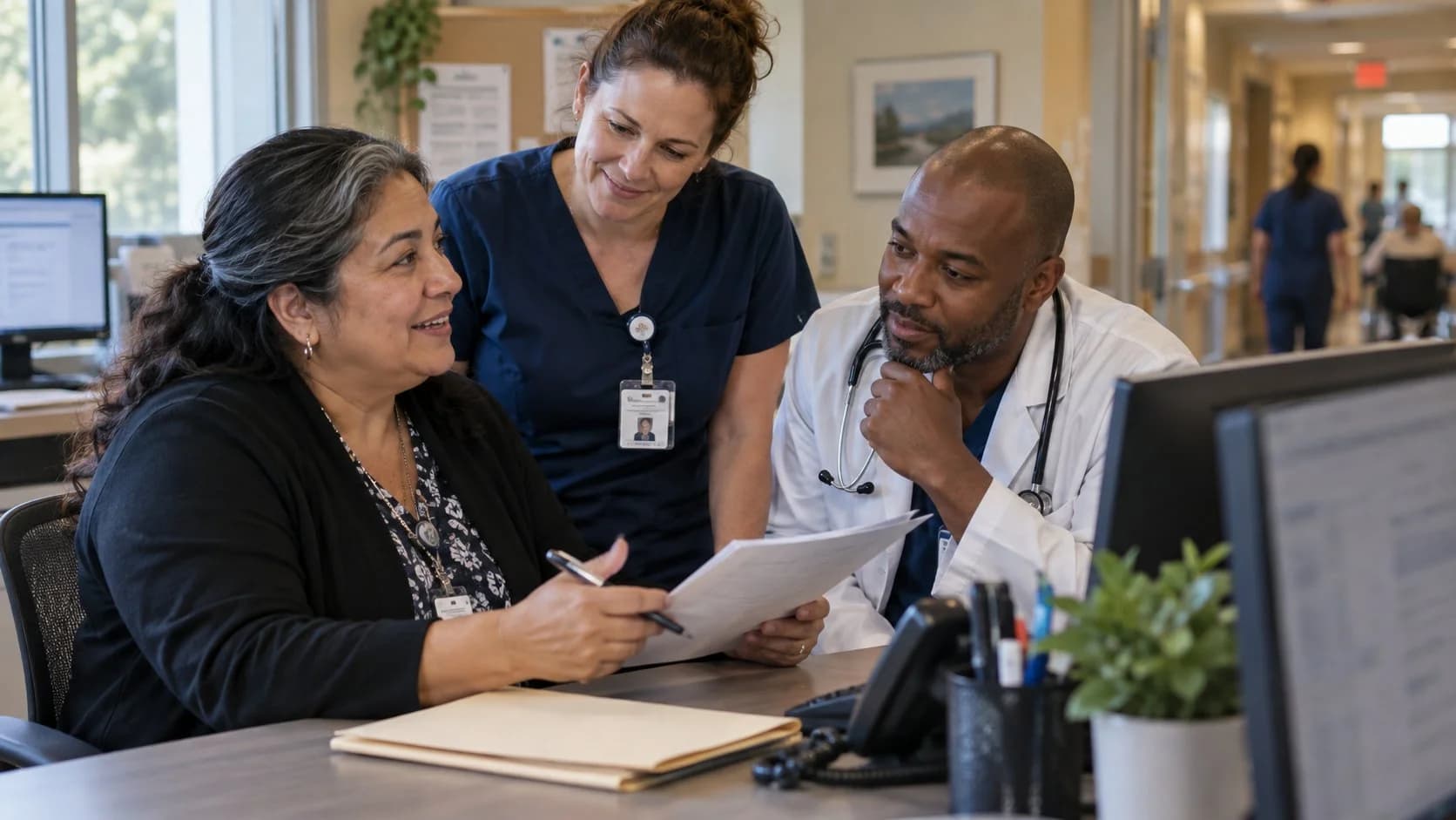 Patient-access coordinator and clinician resolving an authorization issue