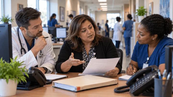 Denial-resolution specialist and clinician reviewing a claim together