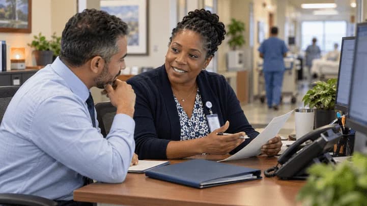 Reimbursement analyst and revenue manager reviewing a payment variance