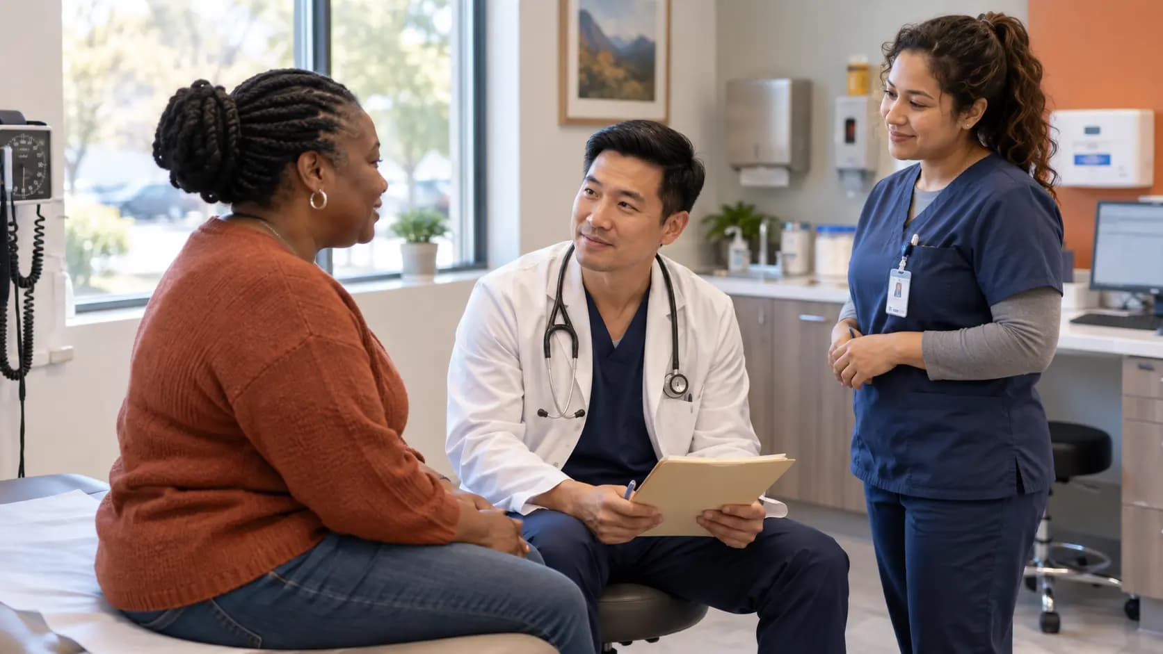 Urgent Care clinician and patient sharing a warm, attentive moment in a clinic