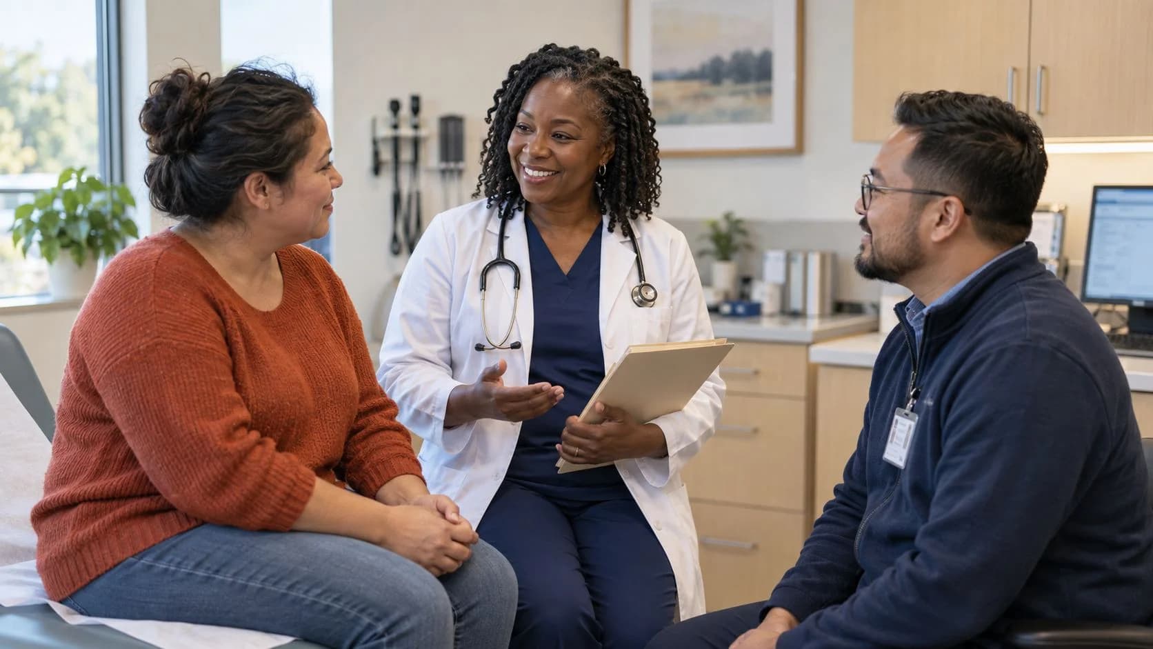 Clinician, patient, and healthcare colleague sharing a warm clinic interaction